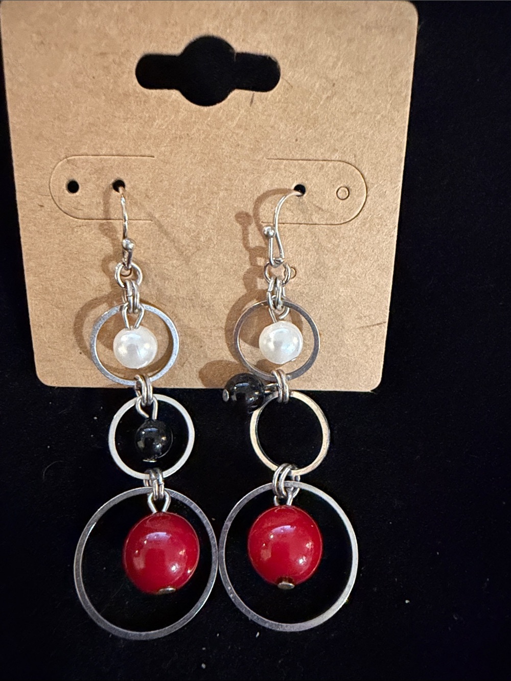 Silver Hoop Drop Earrings with Red Beads